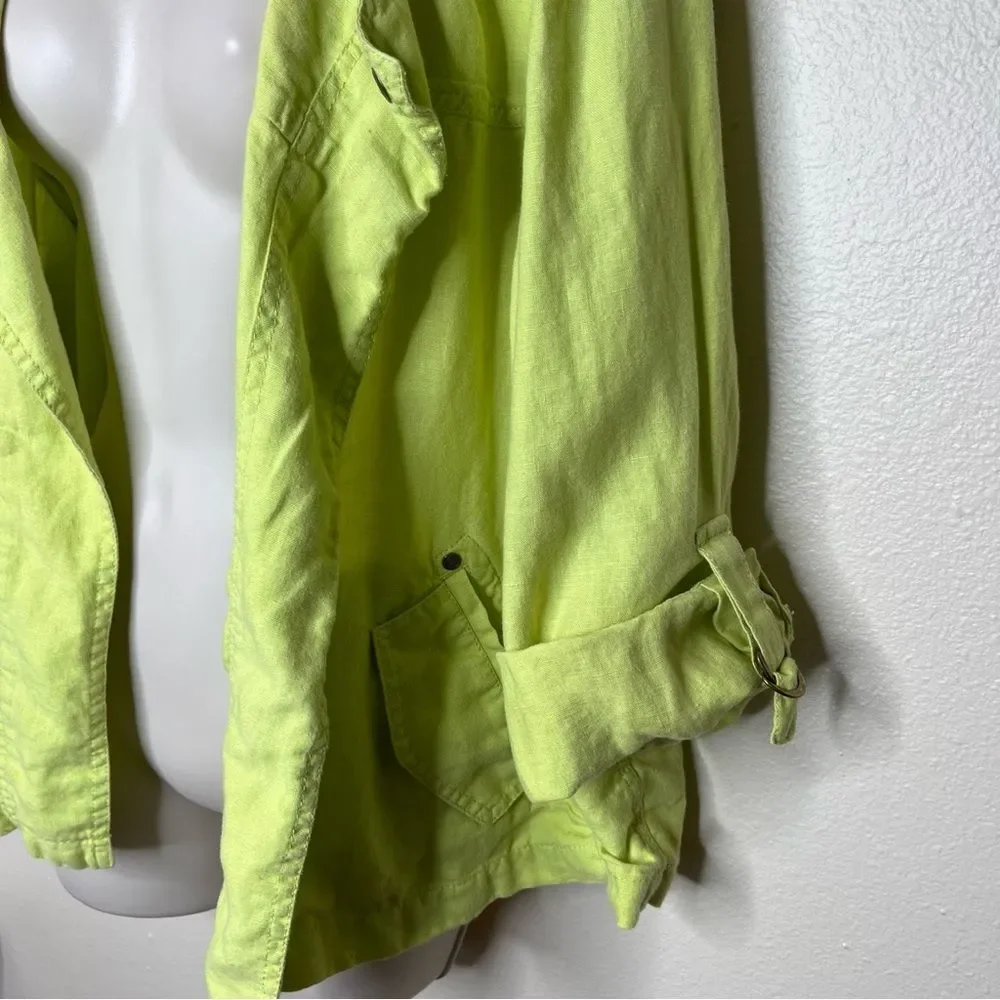 Chicos Drape Front Easy Linen Jacket Chartreuse Roll Tab Sleeve Women Size Large
